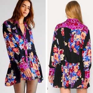 Free People Black Floral Long Puff Sleeve Tunic Brunch A Bunch Boho Size Small